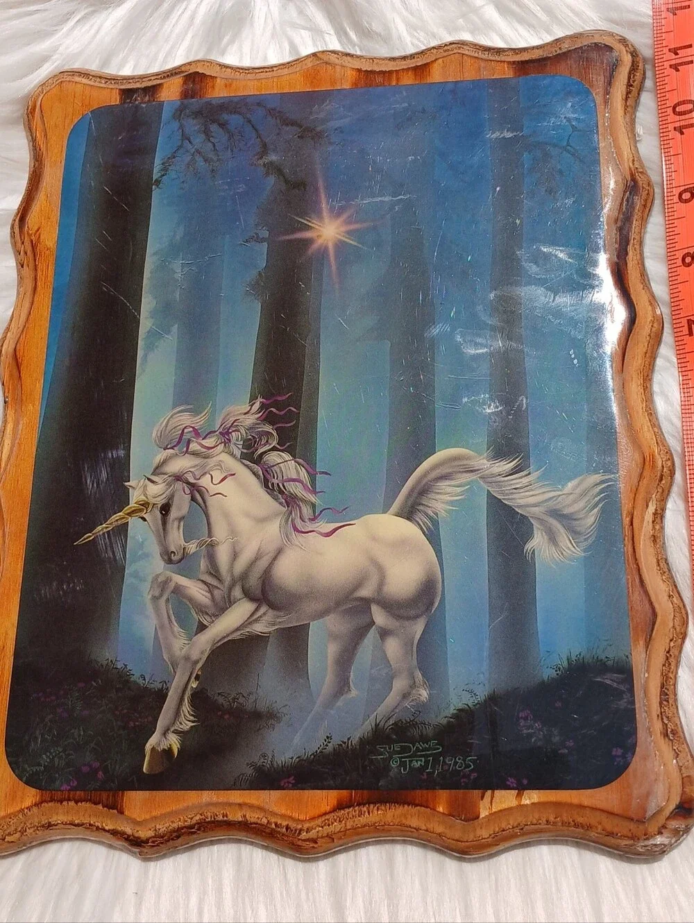 Vintage Sue Dawe Unicorn Wall Hanging Plaque Wood Fantasy Enchanted Forest 80s
